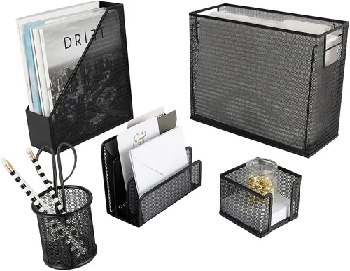 Vista 7 de Blu Monaco Aqua - Juego de organizador de escritorio de 5 piezas Juego de suministros de oficina de metal con organizador de archivos colgante