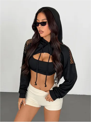 Vista 7 de SweatyRocks - Sudadera de manga larga, informal, corta, con diseño de abertura frontal, para mujer Negro sólido