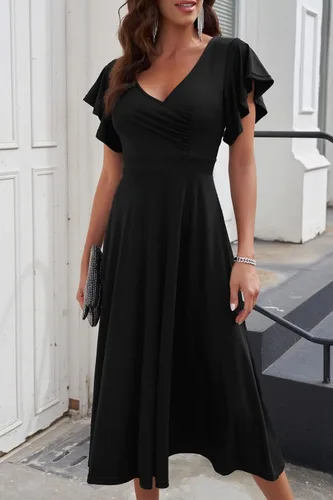 Vista 7 de PRETTYGARDEN Vestido midi de verano 2023 para mujer, manga casquillo con volantes, cuello en V, acampanado, vestido de cóctel