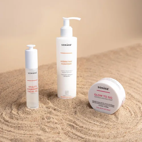 Vista 2 de Sonage Bare Essentials - Limpiador hidratante, almohadillas de ácido glicólico Glow To Go y aceite facial nutritivo Vitality Rutina perfecta