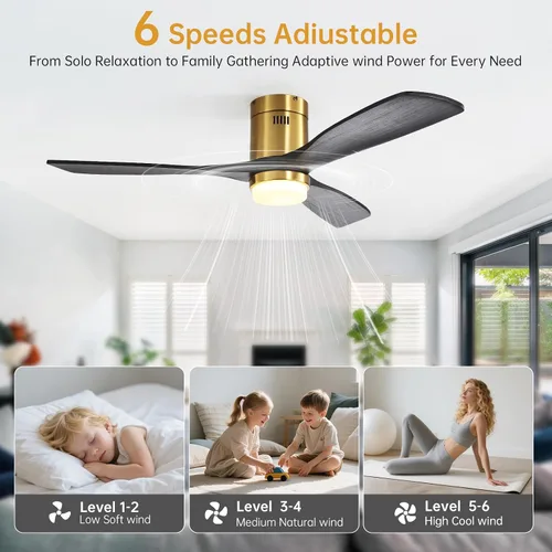 Vista 5 de CACI Mall Ventiladores de techo inteligentes de madera de 52 pulgadas con luces y control remoto, 3 cuchillas, perfil bajo, moderno, compatible