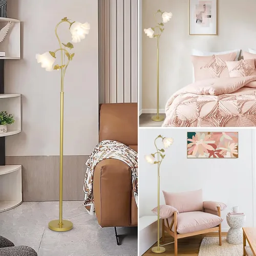 Vista 6 de HMVPL Lámpara de pie dorada para sala de estar, lámpara de pie de flor con 2 bombillas LED de 5 W, interruptor de pie, lámpara alta floral