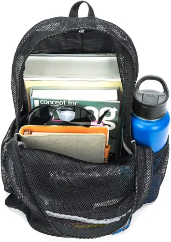 Vista 6 de K-Cliffs Mochila de malla resistente de calidad clásica para estudiantes, bolsa de red duradera transparente simple para escuela básica, Negro