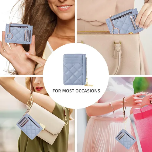 Vista 4 de Soporte para tarjetas de crédito, cartera delgada con llavero con bolsillo frontal para monedas, bolsillo frontal pequeño para mujer, color azul