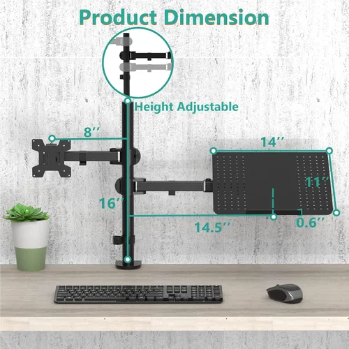 Vista 5 de WALI Soporte para laptop y monitor, soporte para monitor totalmente ajustable y bandeja para laptop para 1 portátil de hasta 17 pulgadas y 1
