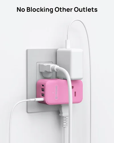 Vista 7 de TROND Extensor de salida con USB C, divisor de 3 salidas de CA con rotación de 360 + extensor de salida rosa con enchufes a tierra de 3 clavijas