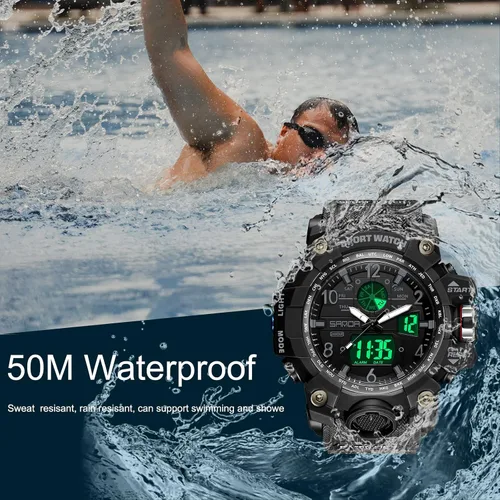 Vista 2 de Reloj militar para hombre, de doble pantalla, impermeable, deportivo, digital, muñeca grande, con alarma