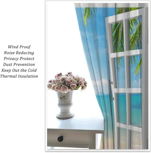 Vista 5 de Cortinas opacas para dormitorio con temática de vacaciones en la playa, palmeras, estilo verano, con bolsillo para barra, para sala de estar