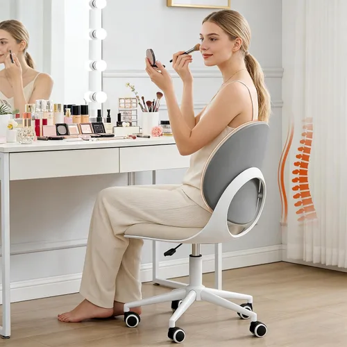 Vista 6 de Silla moderna de oficina en casa, silla de escritorio de tela de piel sintética sin brazos con respaldo medio, silla giratoria de altura ajustable
