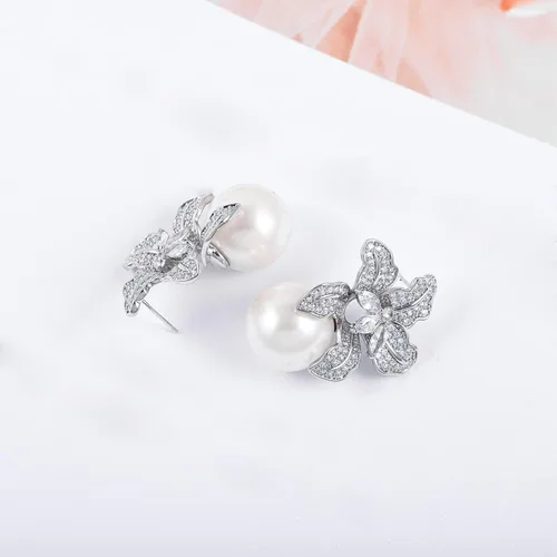 Vista 3 de Aretes de perlas redondas grandes con circonita cúbica para ceremonia de boda, accesorios elegantes