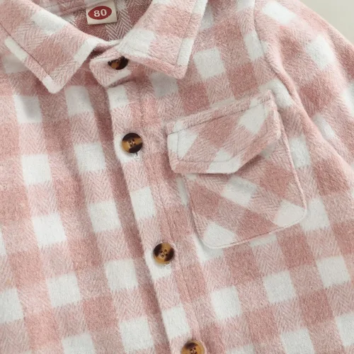 Vista 4 de Chaqueta de camisa para bebés y niñas a cuadros de manga larga con botones para otoño de franela