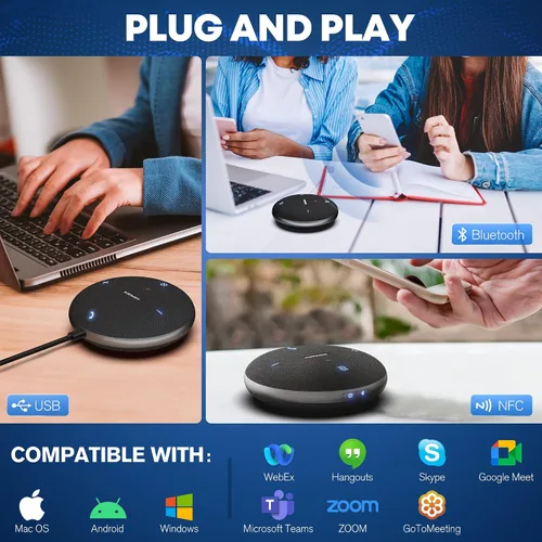 Vista 5 de M4 Altavoz Bluetooth con micrófono de conferencia con reducción de ruido AI Transcripción AI Full-Duplex USB Altavoz con recogida de voz 360°