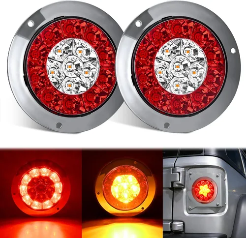 Vista 20 de Nilight Luces traseras para remolque, 2 unidades, 4 pulgadas, redondas, 12 LED, ámbar, cromado, marco, marcador, señal de giro, luz trasera