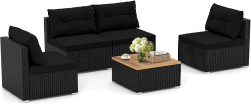 Vista 12 de RELAX4LIFE Muebles de mimbre para exteriores de 5 piezas, juego de conversación seccional de ratán PE con 4 sofás sin brazos y mesa de centro de Gris