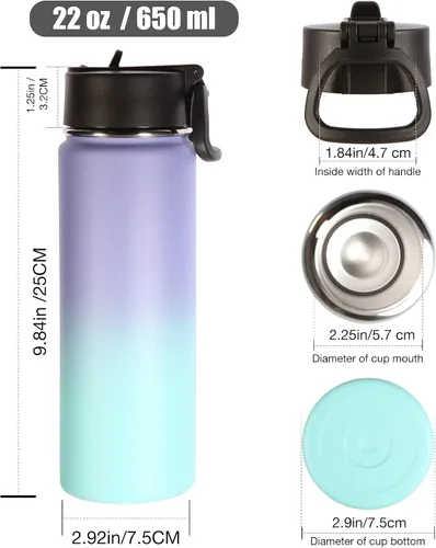 Vista 2 de Volhoply Botellas de agua aisladas de 22 onzas con tapa con popote, botella de acero inoxidable con asa, vasos de agua de viaje de metal de doble