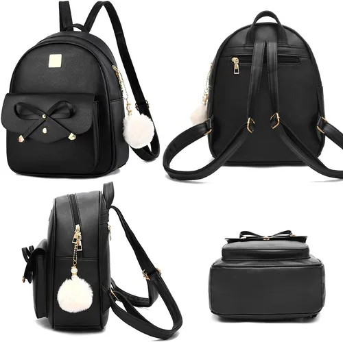 Vista 2 de Mochila de piel para niñas, estilo Bowknot, 3 piezas de mochila, bolso y monedero a la moda, para mujer