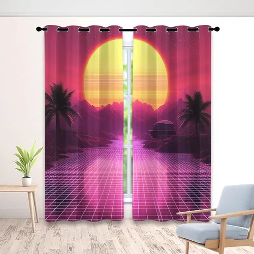 Vista 11 de Synthwave - Cortinas opacas para ventanas de cocina, cortinas de neón Cyberpunk City para decoración de dormitorio, sala de estar, cortinas retro