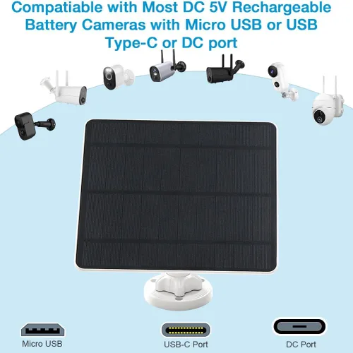 Vista 4 de Panel Solar para Cámara de Seguridad, Panel Solar USB de 5W para Cámaras DC 5V, Cargador de Panel Solar para Cámara Micro USB y USB-C y DC, Cargador