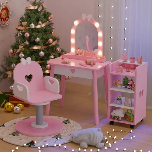 Vista 10 de Juego de tocador azul para niños con luz y silla de barbero, tocador de maquillaje con estante de almacenamiento y juego de peluquería, juego de 7