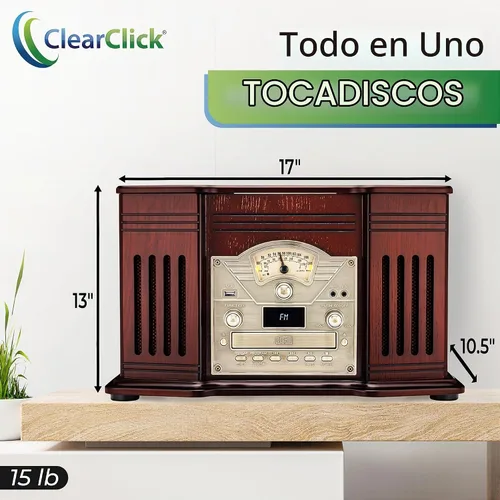 Vista 2 de ClearClick Tocadiscos todo en uno con reproductor de discos de 3 velocidades, Bluetooth, CD, cinta de casete, radio AM/FM, auxiliar, USB, altavoces