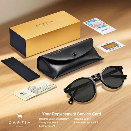 Vista 15 de CARFIA Gafas de sol redondas de acetato para hombre, polarizadas, protección UV, gafas de sol clásicas retro CA5289L