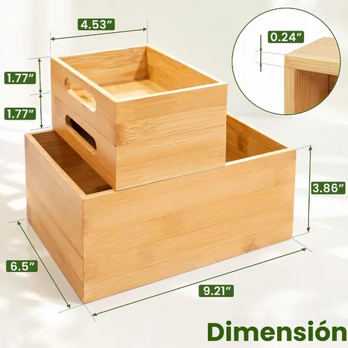 Vista 2 de HOMESTEAD - Caja de almacenamiento apilable de bambú de 3 piezas, contenedor de almacenamiento grande, cajas de madera para cajones de maquillaje