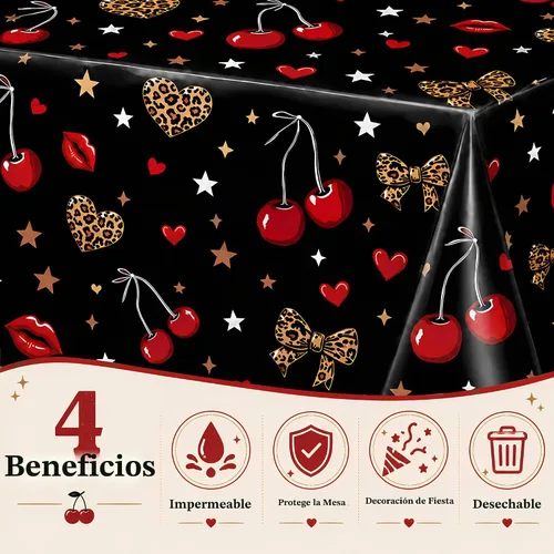 Vista 5 de Mantel de plástico con estampado de leopardo, 52 x 108 pulgadas, color negro y rojo, para fiesta de cumpleaños, mesa de pasteles, mesa de postres