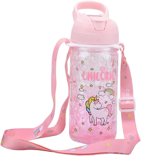 Vista 2 de Botellas de agua de unicornio para niñas, bonita taza de unicornio con popote para niños, bloqueo de seguridad, sin BPA, botella de agua rosa