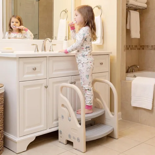 Vista 8 de Costzon Taburete auxiliar ajustable de 2 pasos para niños pequeños con asas de seguridad y almohadillas antideslizantes, escalera de plástico