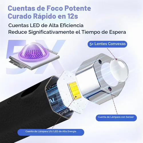 Vista 3 de Mini lámpara de uñas para uñas de gel con sensor de IA y soporte magnético Negro
