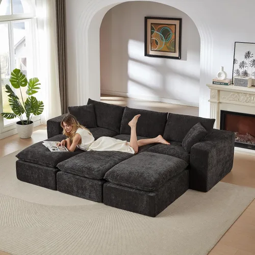 Vista 14 de Cloud - Sofá modular modular - Cómodo sofá de felpilla en forma de L para sala de estar (negro, en forma de L, 2 plazas + 1 otomana)