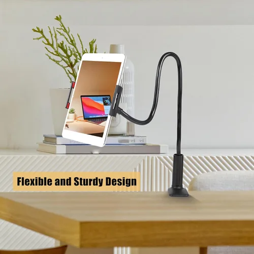 Vista 5 de Soporte para tableta para cama, soporte de cuello de cisne con clip flexible de brazo largo para tabletas, abrazadera de montaje en mesa, soporte