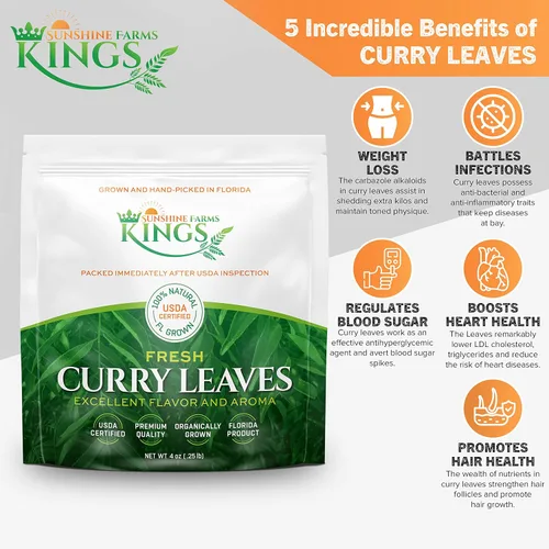 Vista 4 de Hojas de curry frescas - 4 oz - Paquete de $3.74 por oz - Inspeccionado por el USDA en el sitio, cultivado en Florida, altamente aromático y sabroso