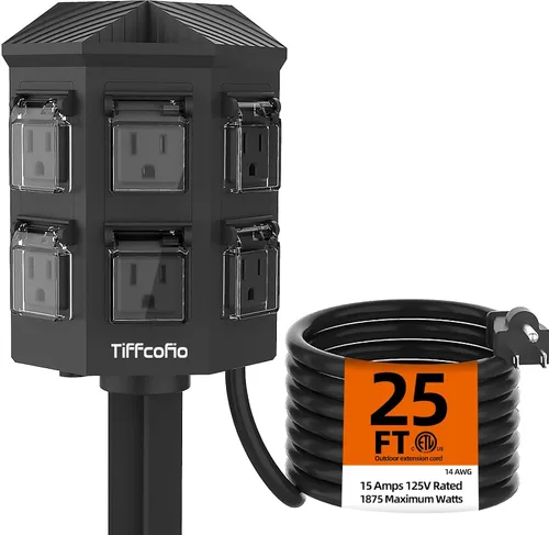 Vista 8 de TiFFCOFiO Tira de alimentación para exteriores resistente a la intemperie, cable de extensión de 15 pies con estaca, 6 tomas de tierra