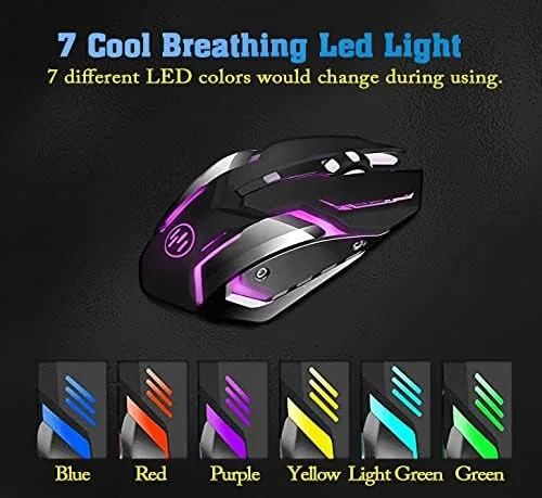 Vista 3 de Scettar Ratón inalámbrico para juegos, mouse recargable para juegos de computadora, clic silencioso, 7 luces LED, 3 DPI ajustables, placa de hierro