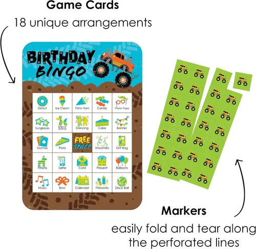 Vista 2 de Big Dot of Happiness Smash and Crash - Monster Truck - Tarjetas de bingo con imágenes y marcadores - Juego de bingo para fiesta de cumpleaños
