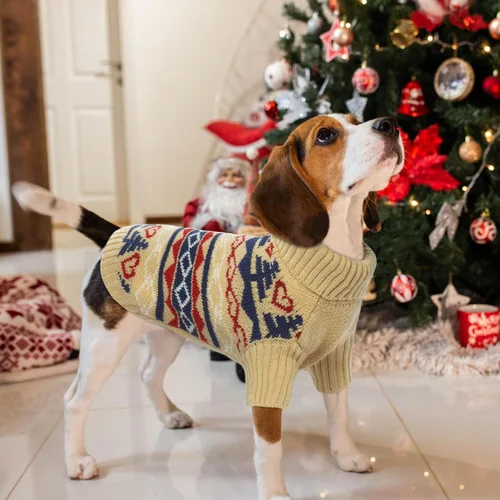 Vista 8 de PUMYPOREITY Suéter de vacaciones para perro, acogedor suéter de invierno, ajuste elástico, cuello alto, tema de Navidad para perros pequeños y Caqui