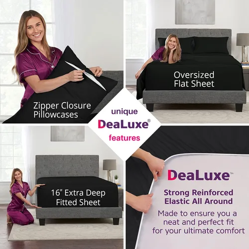 Vista 8 de Sábanas Negras de Gran Tamaño para Niños y Sábana Bajera Ajustable de 16" de Profundidad - Juego de Sábanas Tamaño Twin - Funda de Almohada