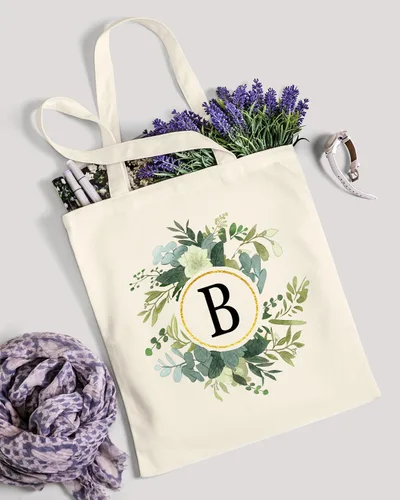 Vista 7 de AUSVKAI Bolsa de lona para mujer, bonita bolsa de algodón con iniciales estéticas, de algodón, reutilizable, personalizada, bolsas de cumpleaños