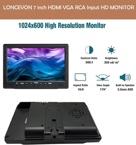Vista 3 de 7 pulgadas pequeño HDMI VGA AV RCA Monitor 1080P Segunda pantalla para PC/sistema de seguridad/consola de juegos; IPS 1024X600 píxeles; 60HZ