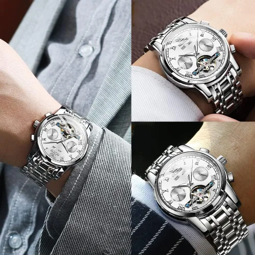 Vista 4 de OLEVS Reloj automático para hombre, cuerda automática, mecánica, de lujo, de acero inoxidable, multicalendario, impermeable, luminoso, reloj