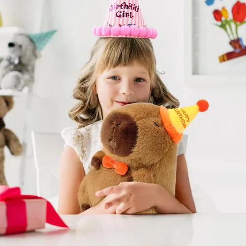 Vista 2 de Ditucu Lindo Peluche de Capibara con Sombrero de Cumpleaños Feliz y Lazo, Animal de Peluche Suave, Juguetes de Peluche para Niños, Decoración