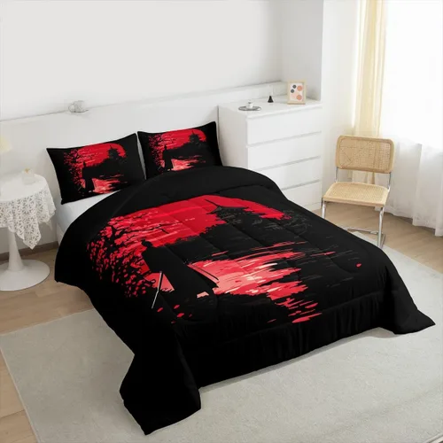 Vista 3 de Erosebridal - Juego de edredón Samurai, juego de ropa de cama al atardecer, edredón japonés de samurái cálido y suave, decoración de dormitorio