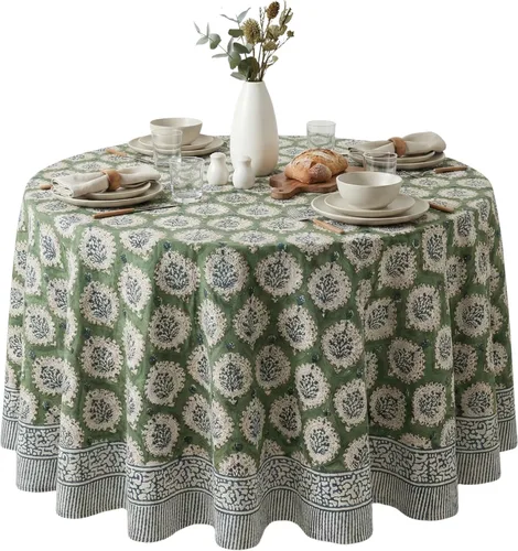 Vista 29 de ATOSII Amalfi - Mantel redondo de verano 100% algodón, estampado en bloques, para comedor, bodas, exteriores, fiestas, I Grand Millenial Farmhouse