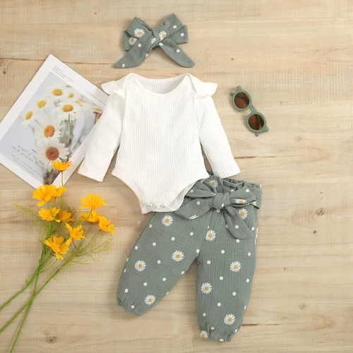 Vista 2 de Sduydiosy Conjunto de ropa de manga larga con estampado de flores para recién nacido, con pantalones con cinturón, diadema, lindo conjunto de ropa