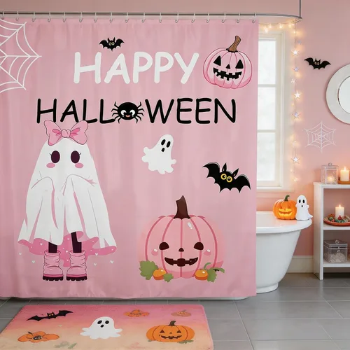 Vista 12 de Happy Halloween Shower Curtain,Bowknot Snowflake Pattern Bathroom Curtains,Sweet Ghost Holiday Theme Waterproof Bath Curtain,Black Bathroom Curtains