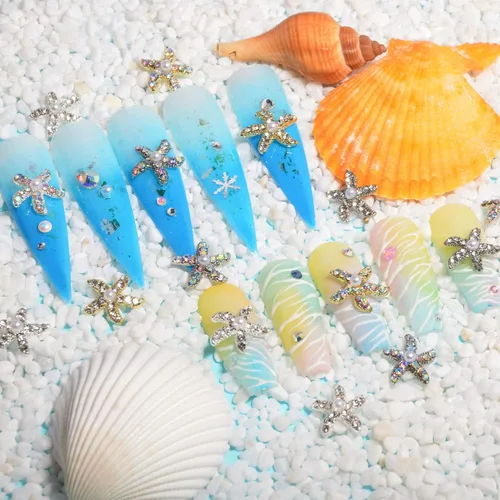 Vista 6 de 30 dijes de uñas de estrella de mar de aleación 3D, diamantes de imitación de uñas de 6 colores AB brillantes cristales diamantes, joyería de uñas
