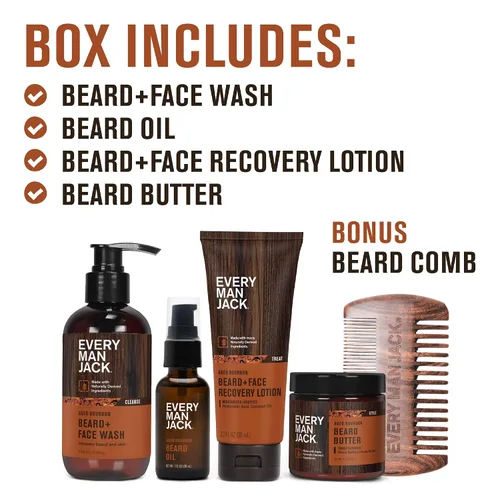 Vista 3 de Every Man Jack Kit completo de cuidado de barba para hombres, bourbon envejecido, set de regalo Cleansing Beard & Face Wash, Soothing Lotion