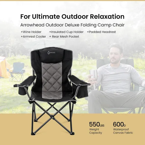 Vista 3 de ARROWHEAD OUTDOOR Silla plegable portátil de lujo para campamento con reposacabezas, portavasos y vidrio, enfriador de 6 latas, bolsa de transporte
