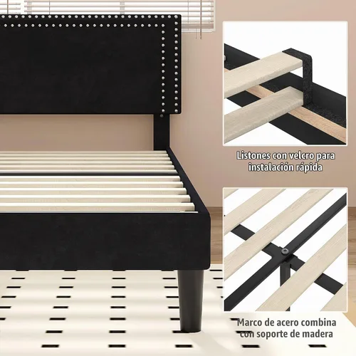 Vista 5 de Marco de cama de plataforma tamaño completo con cabecera tapizada ajustable, base de colchón moderna, soporte fuerte de listones de madera,
